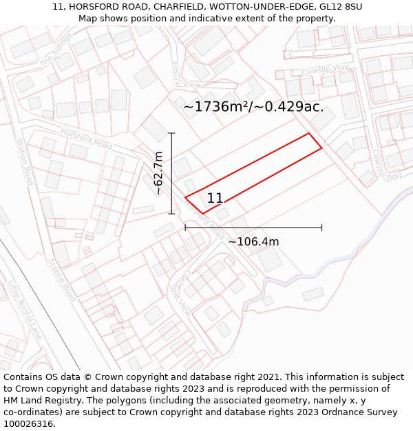 11, HORSFORD ROAD, CHARFIELD, WOTTON-UNDER-EDGE, GL12 8SU: Plot and title map