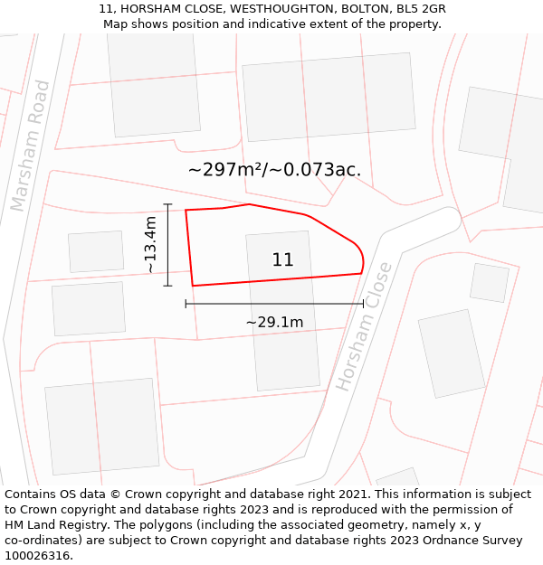11, HORSHAM CLOSE, WESTHOUGHTON, BOLTON, BL5 2GR: Plot and title map