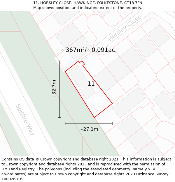 11, HORSLEY CLOSE, HAWKINGE, FOLKESTONE, CT18 7FN: Plot and title map