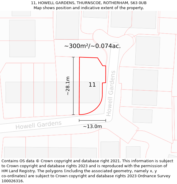 11, HOWELL GARDENS, THURNSCOE, ROTHERHAM, S63 0UB: Plot and title map