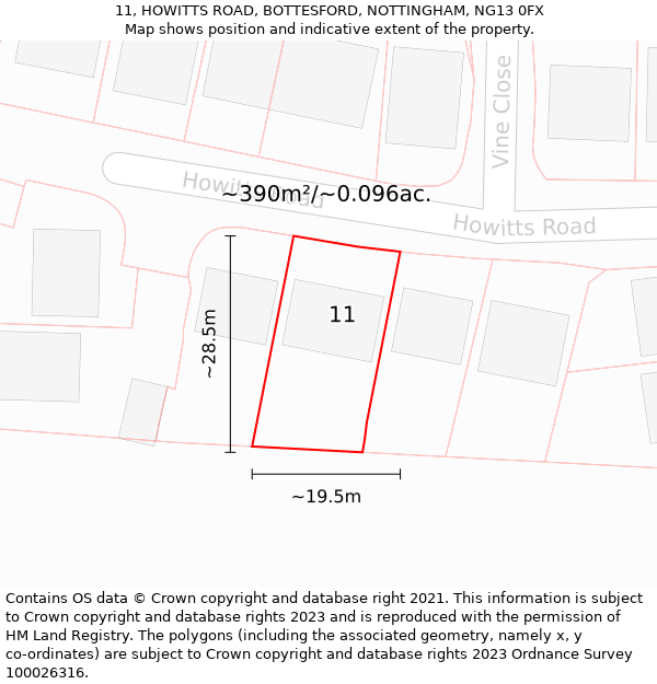 11, HOWITTS ROAD, BOTTESFORD, NOTTINGHAM, NG13 0FX: Plot and title map