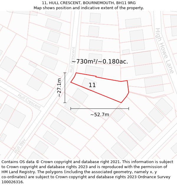 11, HULL CRESCENT, BOURNEMOUTH, BH11 9RG: Plot and title map
