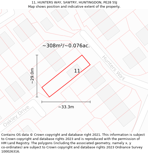 11, HUNTERS WAY, SAWTRY, HUNTINGDON, PE28 5SJ: Plot and title map