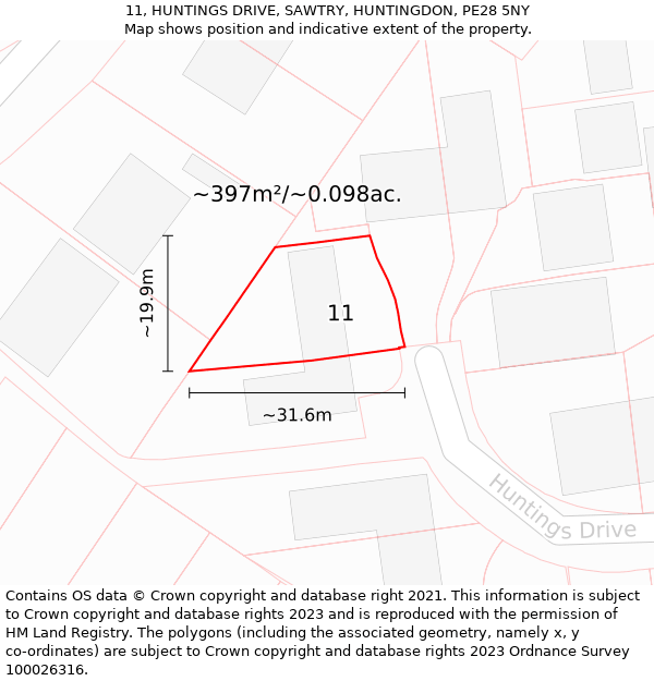 11, HUNTINGS DRIVE, SAWTRY, HUNTINGDON, PE28 5NY: Plot and title map