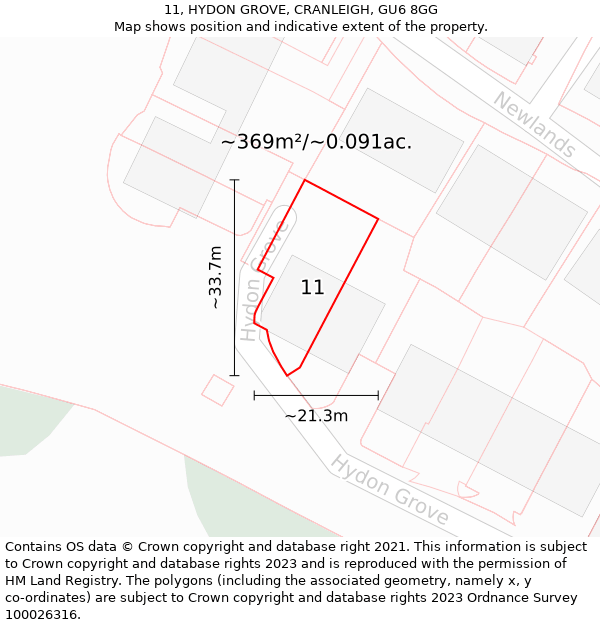 11, HYDON GROVE, CRANLEIGH, GU6 8GG: Plot and title map