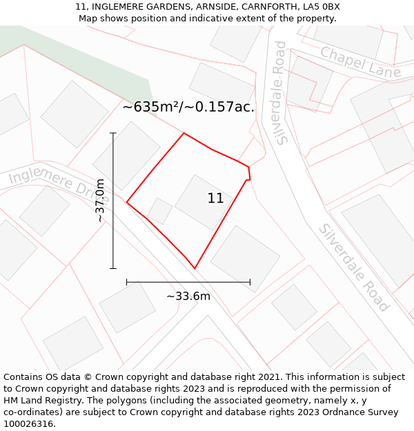 11, INGLEMERE GARDENS, ARNSIDE, CARNFORTH, LA5 0BX: Plot and title map