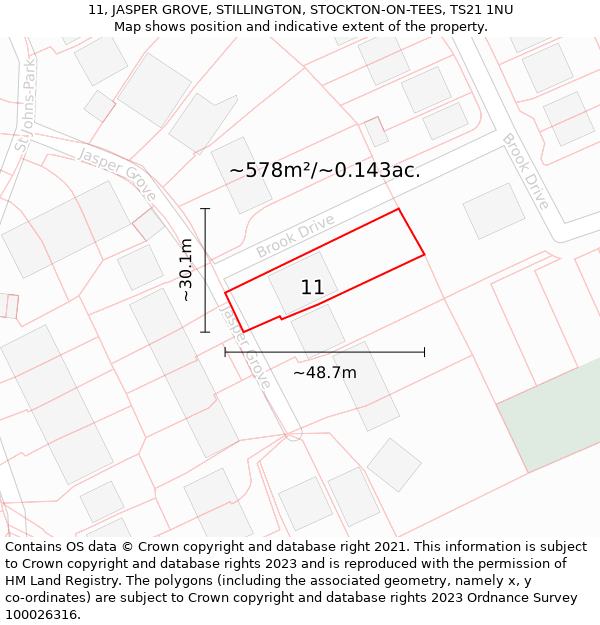 11, JASPER GROVE, STILLINGTON, STOCKTON-ON-TEES, TS21 1NU: Plot and title map