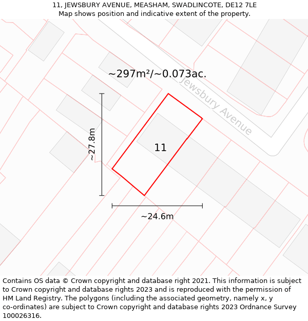 11, JEWSBURY AVENUE, MEASHAM, SWADLINCOTE, DE12 7LE: Plot and title map