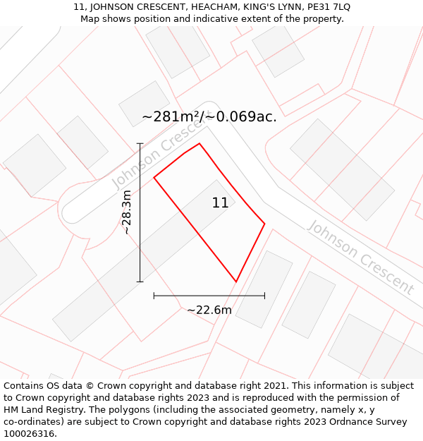 11, JOHNSON CRESCENT, HEACHAM, KING'S LYNN, PE31 7LQ: Plot and title map