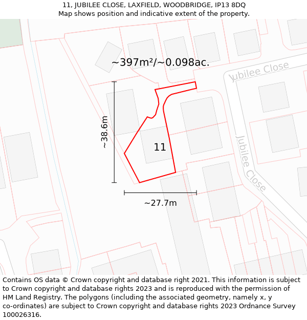 11, JUBILEE CLOSE, LAXFIELD, WOODBRIDGE, IP13 8DQ: Plot and title map