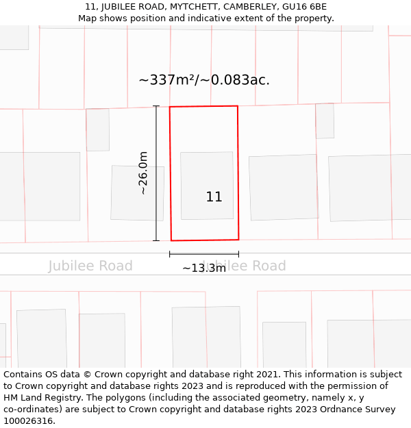 11, JUBILEE ROAD, MYTCHETT, CAMBERLEY, GU16 6BE: Plot and title map