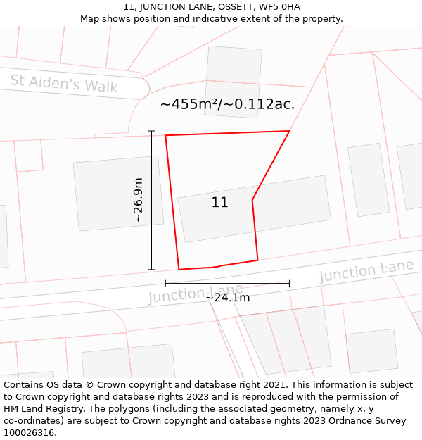 11, JUNCTION LANE, OSSETT, WF5 0HA: Plot and title map