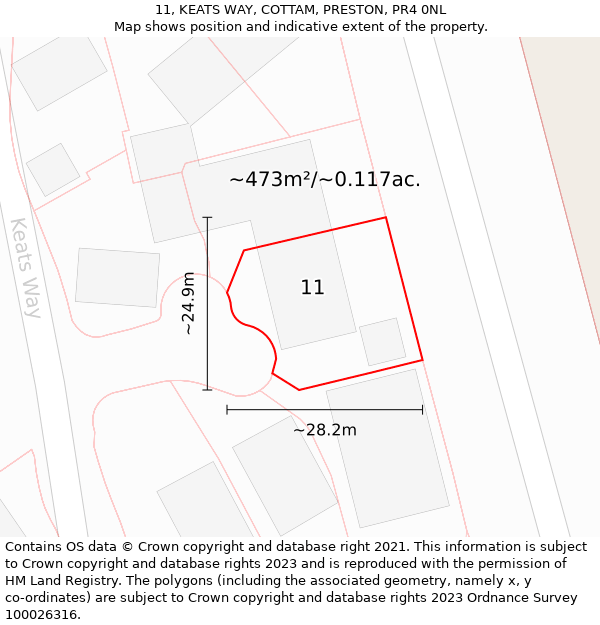 11, KEATS WAY, COTTAM, PRESTON, PR4 0NL: Plot and title map