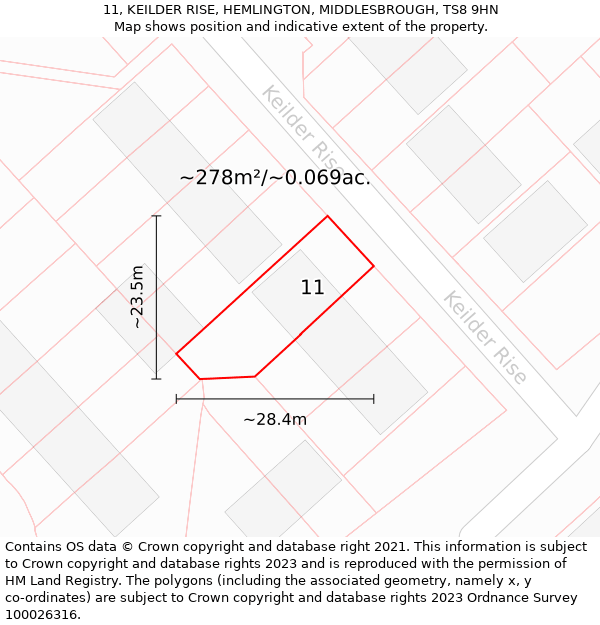 11, KEILDER RISE, HEMLINGTON, MIDDLESBROUGH, TS8 9HN: Plot and title map