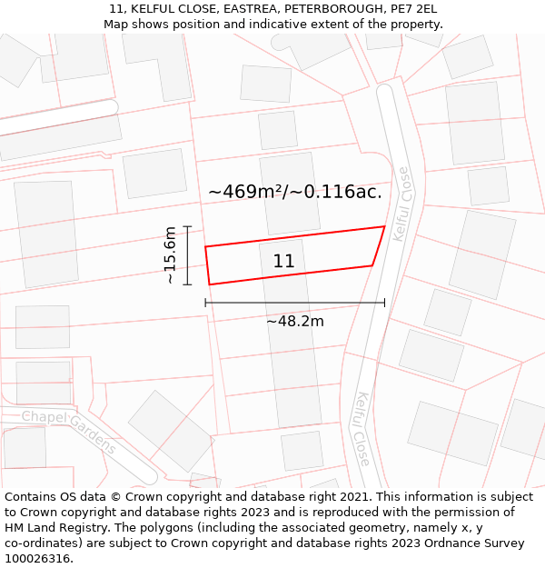 11, KELFUL CLOSE, EASTREA, PETERBOROUGH, PE7 2EL: Plot and title map