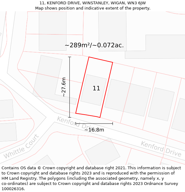 11, KENFORD DRIVE, WINSTANLEY, WIGAN, WN3 6JW: Plot and title map