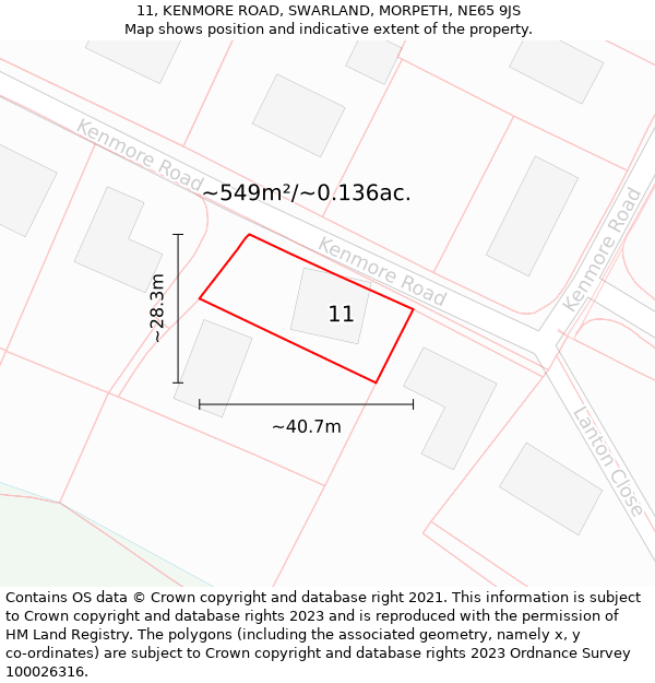 11, KENMORE ROAD, SWARLAND, MORPETH, NE65 9JS: Plot and title map