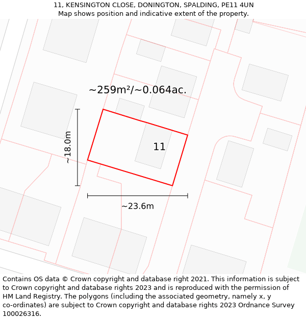 11, KENSINGTON CLOSE, DONINGTON, SPALDING, PE11 4UN: Plot and title map