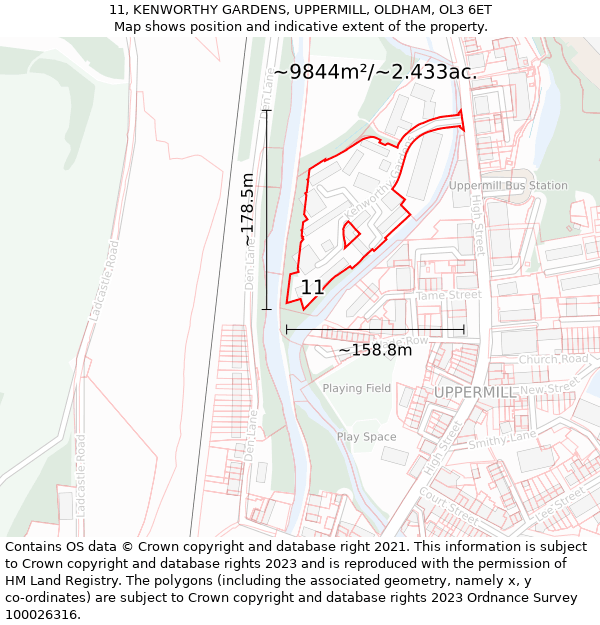 11, KENWORTHY GARDENS, UPPERMILL, OLDHAM, OL3 6ET: Plot and title map