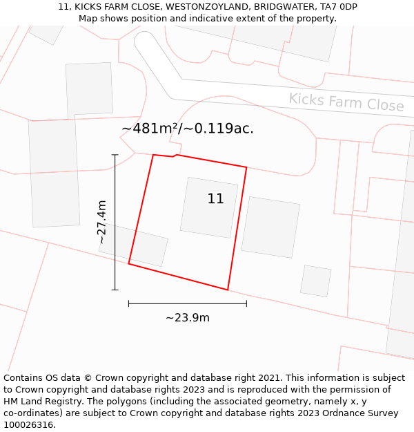 11, KICKS FARM CLOSE, WESTONZOYLAND, BRIDGWATER, TA7 0DP: Plot and title map