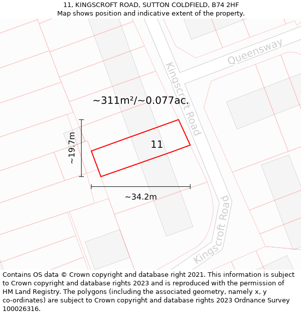 11, KINGSCROFT ROAD, SUTTON COLDFIELD, B74 2HF: Plot and title map