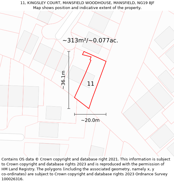 11, KINGSLEY COURT, MANSFIELD WOODHOUSE, MANSFIELD, NG19 8JF: Plot and title map