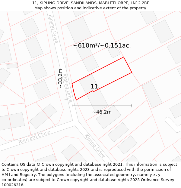 11, KIPLING DRIVE, SANDILANDS, MABLETHORPE, LN12 2RF: Plot and title map