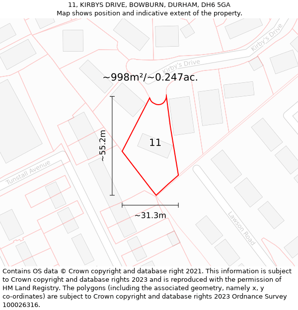 11, KIRBYS DRIVE, BOWBURN, DURHAM, DH6 5GA: Plot and title map