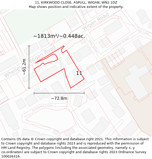 11, KIRKWOOD CLOSE, ASPULL, WIGAN, WN2 1DZ: Plot and title map