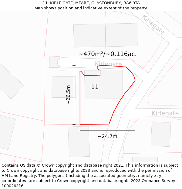 11, KIRLE GATE, MEARE, GLASTONBURY, BA6 9TA: Plot and title map