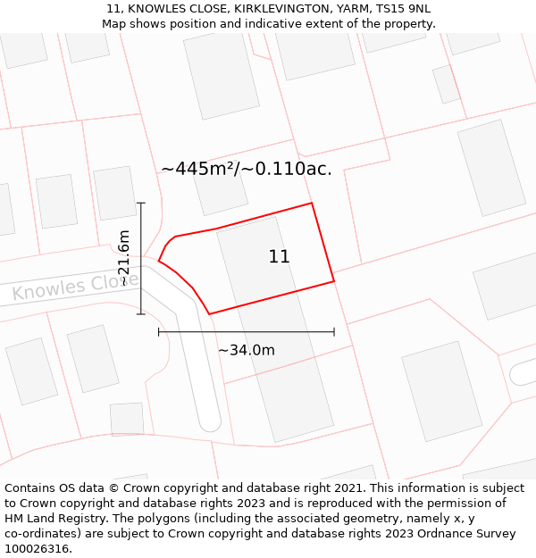 11, KNOWLES CLOSE, KIRKLEVINGTON, YARM, TS15 9NL: Plot and title map