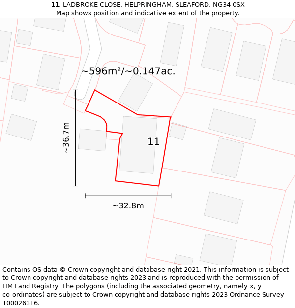 11, LADBROKE CLOSE, HELPRINGHAM, SLEAFORD, NG34 0SX: Plot and title map