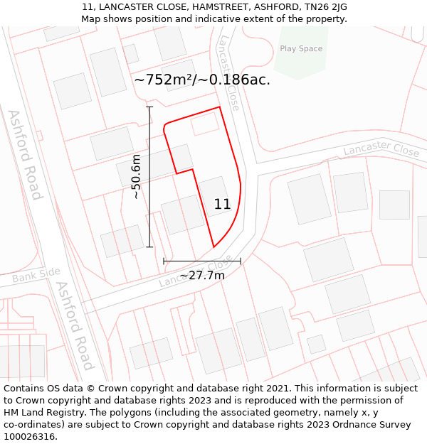 11, LANCASTER CLOSE, HAMSTREET, ASHFORD, TN26 2JG: Plot and title map