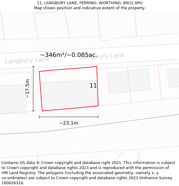 11, LANGBURY LANE, FERRING, WORTHING, BN12 6PU: Plot and title map