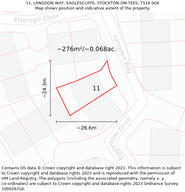 11, LANGDON WAY, EAGLESCLIFFE, STOCKTON-ON-TEES, TS16 0GE: Plot and title map