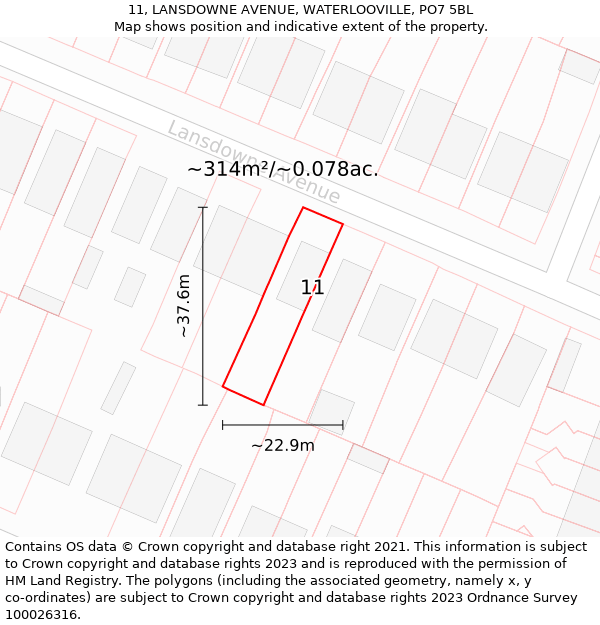 11, LANSDOWNE AVENUE, WATERLOOVILLE, PO7 5BL: Plot and title map