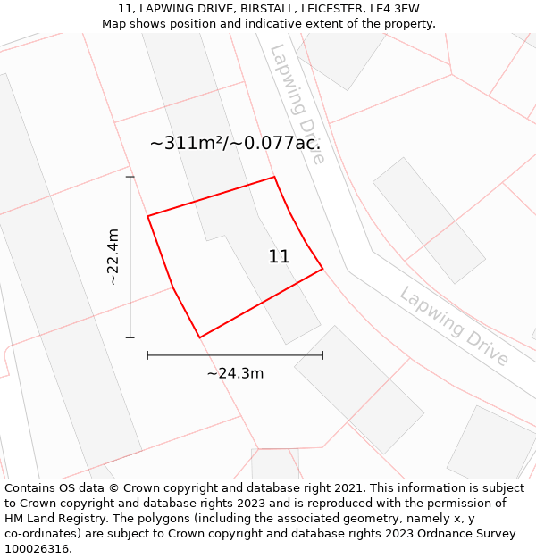 11, LAPWING DRIVE, BIRSTALL, LEICESTER, LE4 3EW: Plot and title map