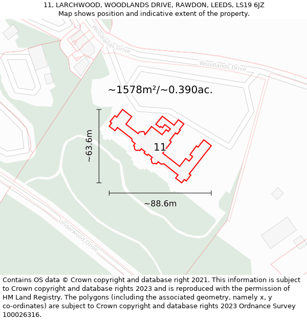 11, LARCHWOOD, WOODLANDS DRIVE, RAWDON, LEEDS, LS19 6JZ: Plot and title map