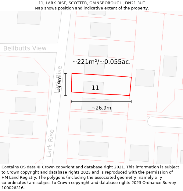 11, LARK RISE, SCOTTER, GAINSBOROUGH, DN21 3UT: Plot and title map