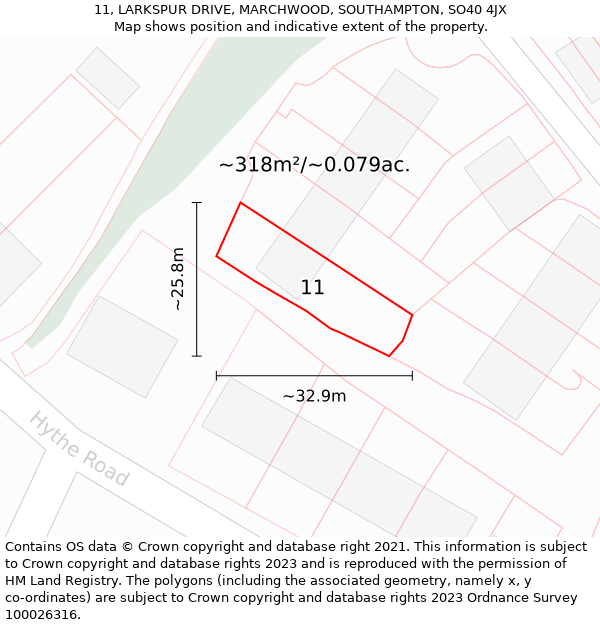 11, LARKSPUR DRIVE, MARCHWOOD, SOUTHAMPTON, SO40 4JX: Plot and title map