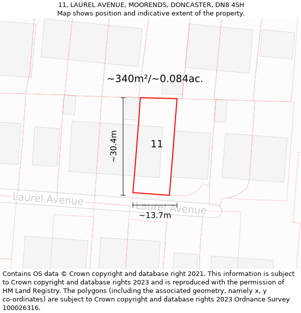 11, LAUREL AVENUE, MOORENDS, DONCASTER, DN8 4SH: Plot and title map