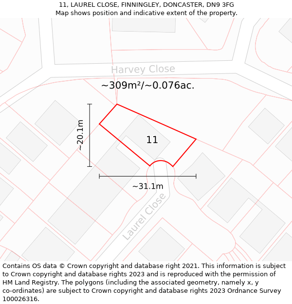 11, LAUREL CLOSE, FINNINGLEY, DONCASTER, DN9 3FG: Plot and title map