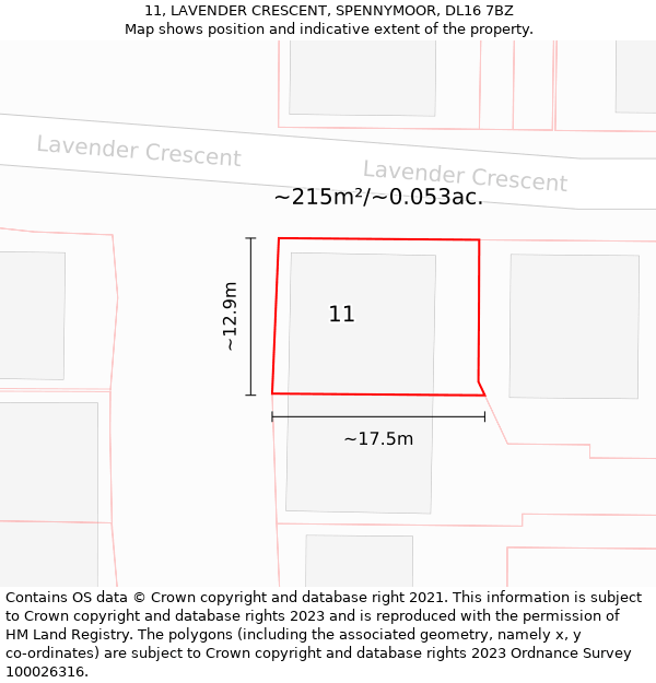 11, LAVENDER CRESCENT, SPENNYMOOR, DL16 7BZ: Plot and title map