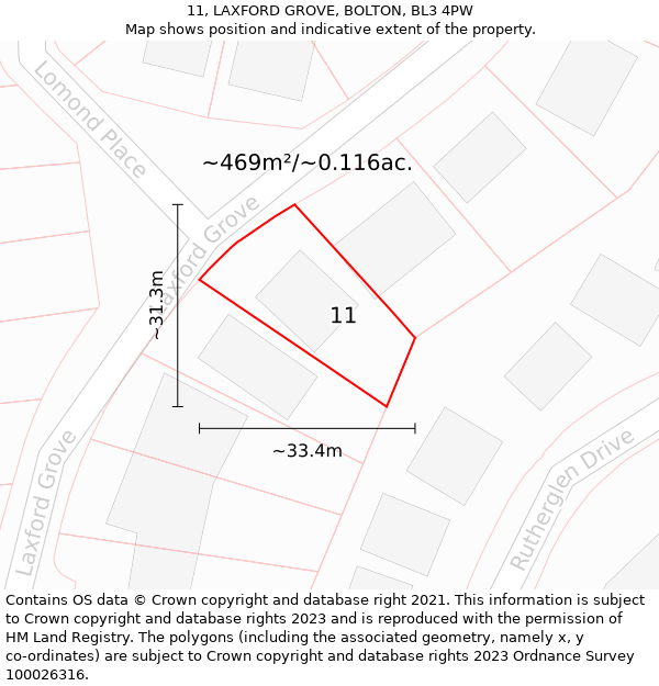 11, LAXFORD GROVE, BOLTON, BL3 4PW: Plot and title map