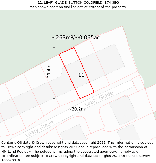 11, LEAFY GLADE, SUTTON COLDFIELD, B74 3EG: Plot and title map