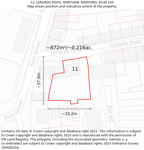 11, LENARDS ROAD, NORTHAM, BIDEFORD, EX39 1AS: Plot and title map