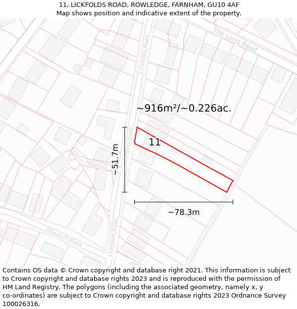 11, LICKFOLDS ROAD, ROWLEDGE, FARNHAM, GU10 4AF: Plot and title map