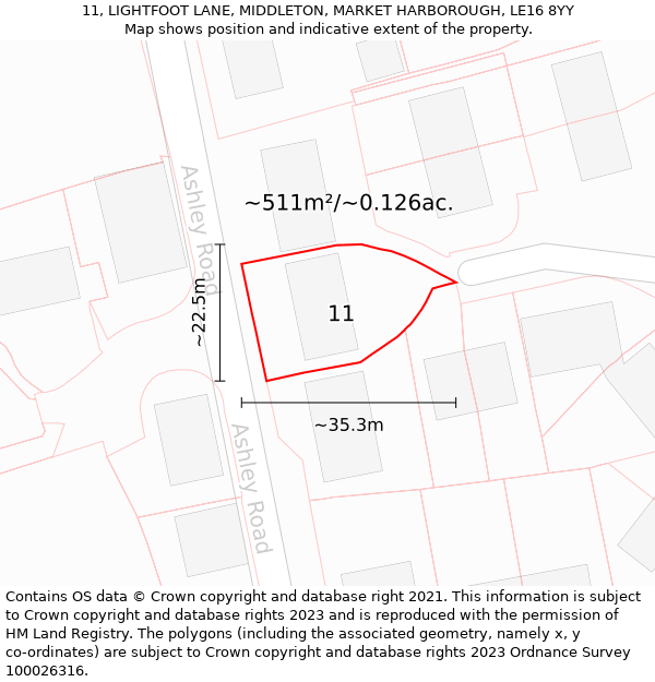 11, LIGHTFOOT LANE, MIDDLETON, MARKET HARBOROUGH, LE16 8YY: Plot and title map