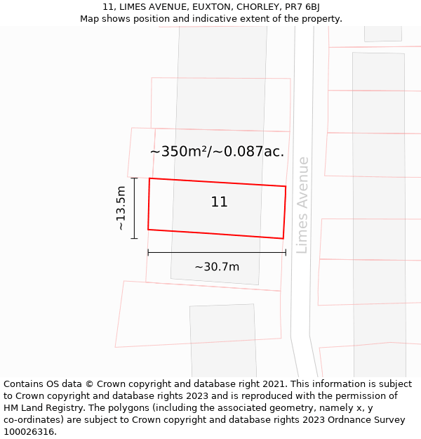 11, LIMES AVENUE, EUXTON, CHORLEY, PR7 6BJ: Plot and title map