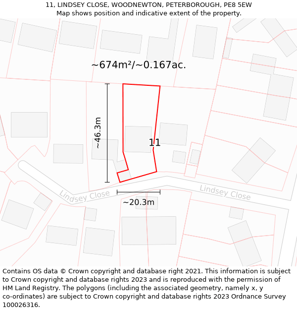 11, LINDSEY CLOSE, WOODNEWTON, PETERBOROUGH, PE8 5EW: Plot and title map